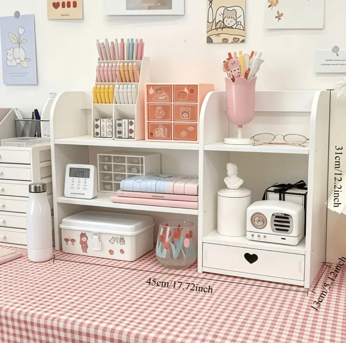 Layered Desktop Storage Rack with Drawers & Multi-Compartment, No-Tools-Needed Expandable Double-Tray Tabletop Organizer for Home/Office Stationery, Cosmetics, Books