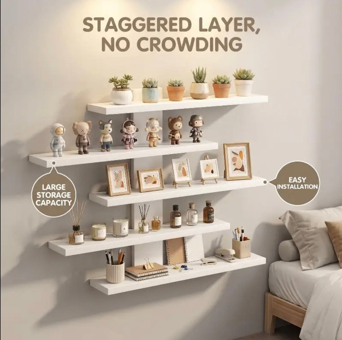 5-Tier Matte Modern Vertical Floating Shelf - Wall-Mounted, Space-Saving Storage for Bedroom, Small Spaces, Plants, Books, Photos