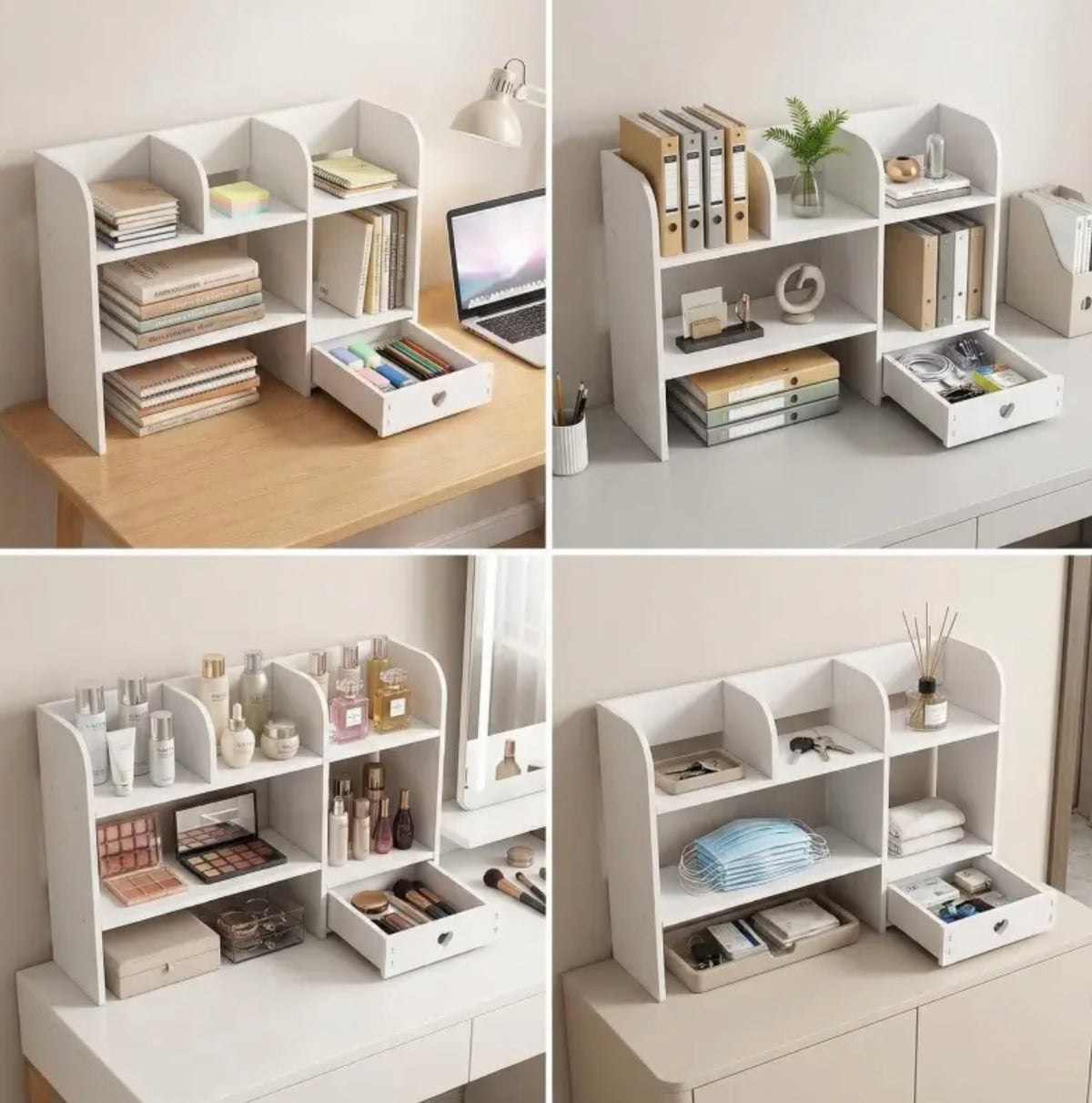 Layered Desktop Storage Rack with Drawers & Multi-Compartment, No-Tools-Needed Expandable Double-Tray Tabletop Organizer for Home/Office Stationery, Cosmetics, Books