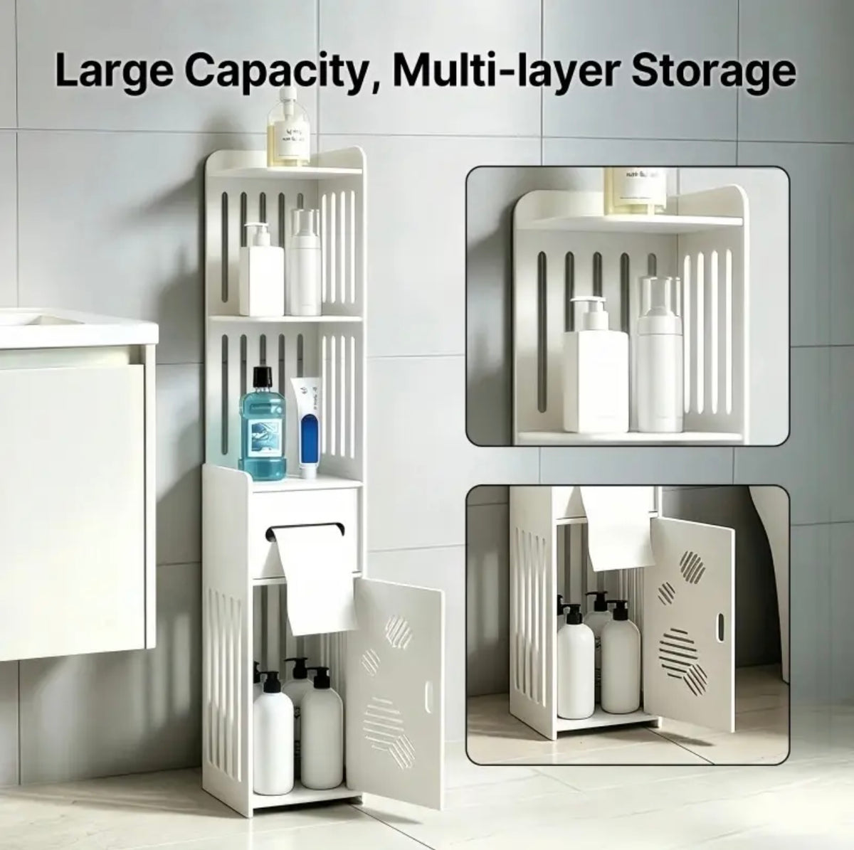 Vinyl White Mesh Bathroom Shelf - No Drill Wall-Mounted Organizer Suitable for Towels, Perfume Bottles, Soap Dishes, Space-Saving Layered Shelves with Mesh for Small Bathrooms, Moisture-Resistant Modern Bath Storage