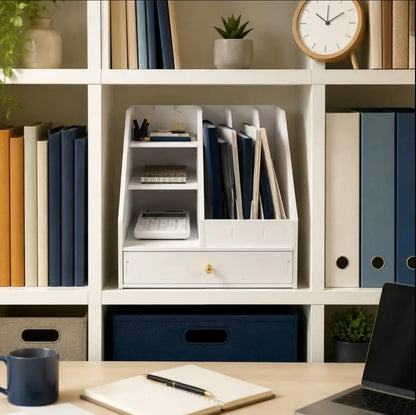 Contemporary Fixed-Form Metal Desk Shelf - Streamlined Office Storage Unit for Home Workstations, Study Desks
