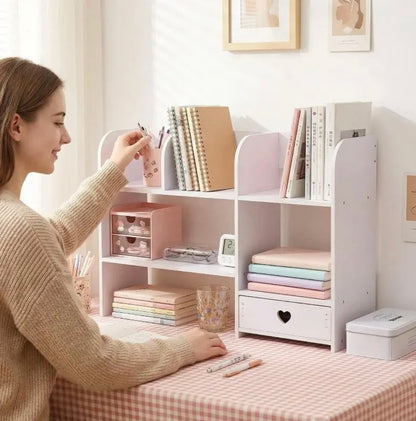 Layered Desktop Storage Rack with Drawers & Multi-Compartment, No-Tools-Needed Expandable Double-Tray Tabletop Organizer for Home/Office Stationery, Cosmetics, Books