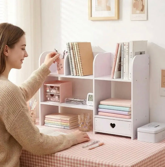 Layered Desktop Storage Rack with Drawers & Multi-Compartment, No-Tools-Needed Expandable Double-Tray Tabletop Organizer for Home/Office Stationery, Cosmetics, Books
