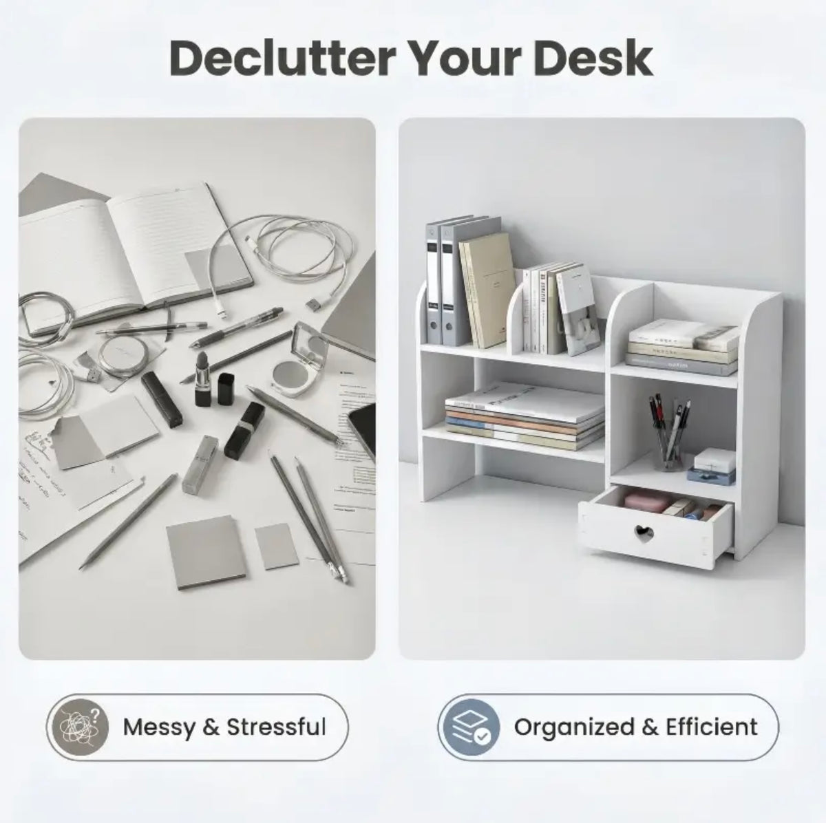 Layered Desktop Storage Rack with Drawers & Multi-Compartment, No-Tools-Needed Expandable Double-Tray Tabletop Organizer for Home/Office Stationery, Cosmetics, Books