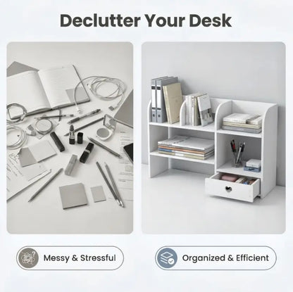 Layered Desktop Storage Rack with Drawers & Multi-Compartment, No-Tools-Needed Expandable Double-Tray Tabletop Organizer for Home/Office Stationery, Cosmetics, Books