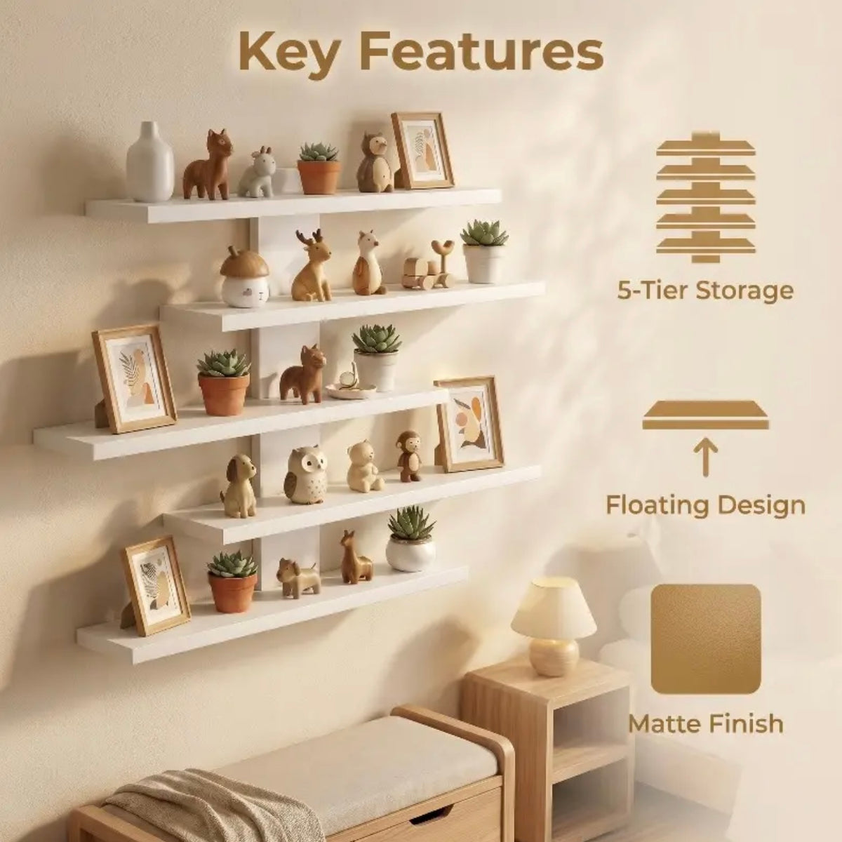 5-Tier Matte Modern Vertical Floating Shelf - Wall-Mounted, Space-Saving Storage for Bedroom, Small Spaces, Plants, Books, Photos