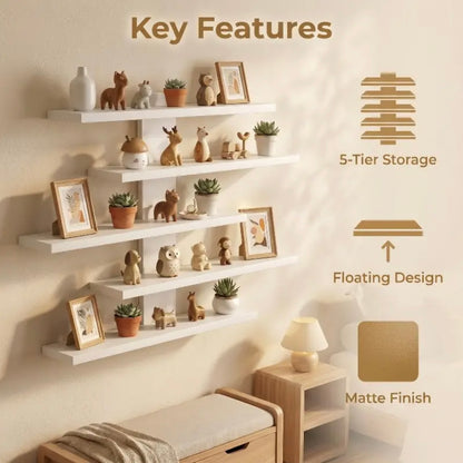 5-Tier Matte Modern Vertical Floating Shelf - Wall-Mounted, Space-Saving Storage for Bedroom, Small Spaces, Plants, Books, Photos