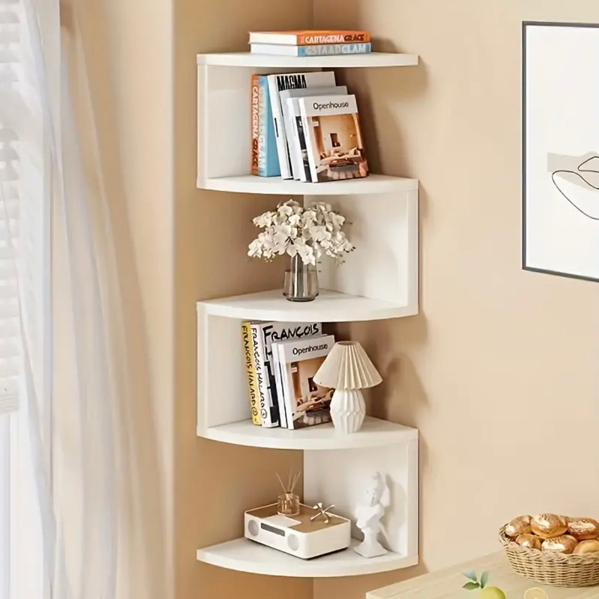 Traditional Style 5-Tier Heavy-Duty Wall-Mounted Corner Shelf - Curved  Shelves, Easy Installation, Space-Saving Organiser for Bedrooms, Bathrooms, Home Decor Use