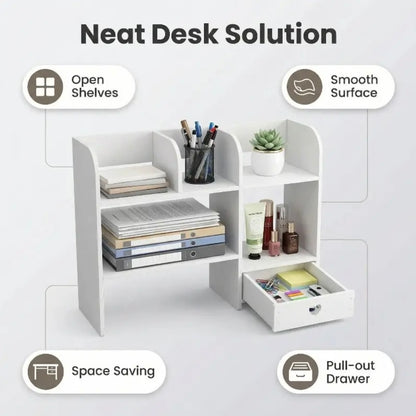 Layered Desktop Storage Rack with Drawers & Multi-Compartment, No-Tools-Needed Expandable Double-Tray Tabletop Organizer for Home/Office Stationery, Cosmetics, Books