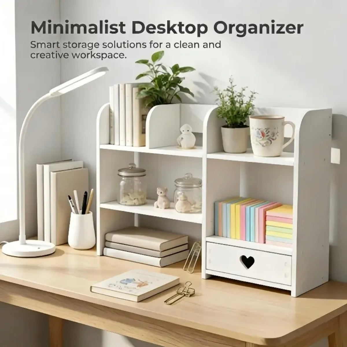 Layered Desktop Storage Rack with Drawers & Multi-Compartment, No-Tools-Needed Expandable Double-Tray Tabletop Organizer for Home/Office Stationery, Cosmetics, Books